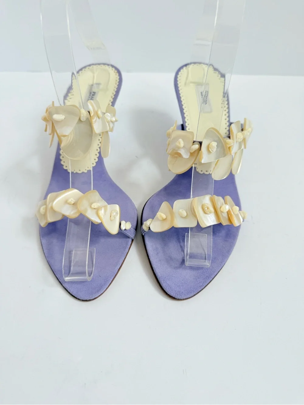 Rare 2003 Prada Archive Glicine Shell Embellished Suede Kitten Heel Mules EU 37